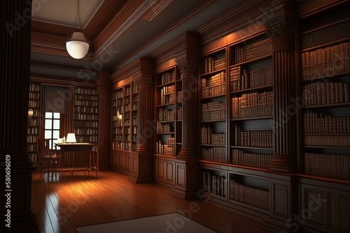 Generative AI of classic library interior with bookshelves and lamps