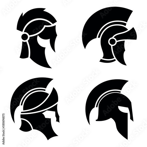 Spartan silhouettes helmet isolated from the background. Roman or Greek warrior helmet vector set.
