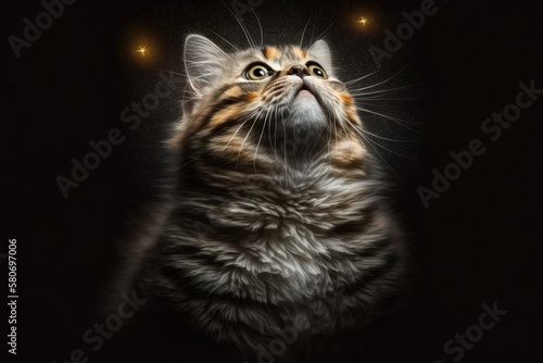 A picture of a cute cat looking up while sitting on a black background and being lit from above. Generative AI