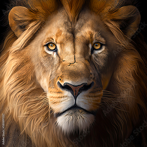 AI illustration of a portrait of a lion posing and staring.