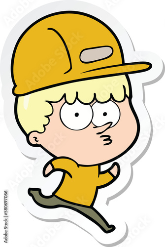 sticker of a cartoon man in builders hat running © lineartestpilot