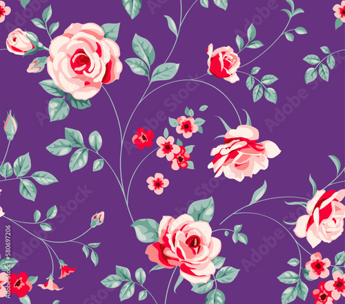 Seamless pattern. Abstract pink garden roses with green leaves on deep purple background. Vintage flowers wallpaper. Vector stock illustration. © Gizele