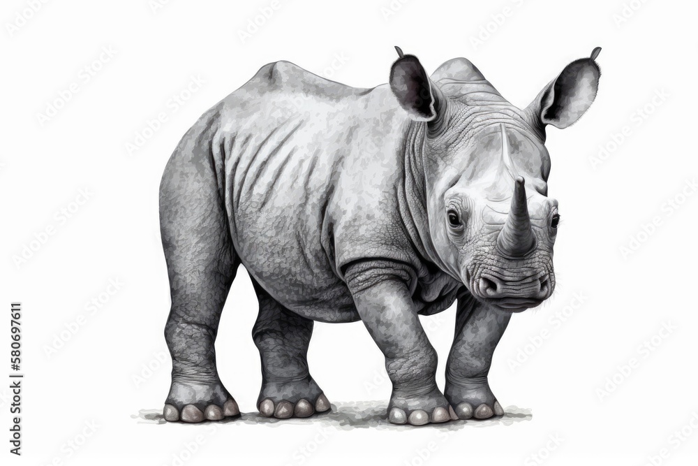 Obraz premium Cute baby rhino, rhinoceros, on a white background. Animals from Africa. Safari. Illustration. Template. Hand drawn. Design for a greeting card. Cut outs. Generative AI