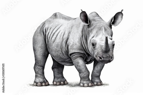 Cute baby rhino  rhinoceros  on a white background. Animals from Africa. Safari. Illustration. Template. Hand drawn. Design for a greeting card. Cut outs. Generative AI