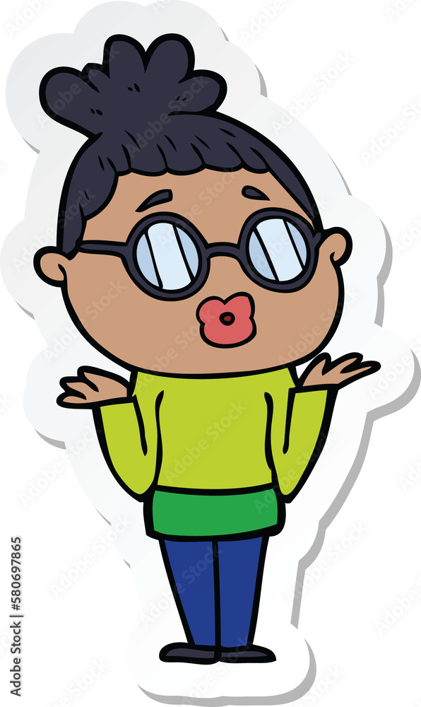sticker of a cartoon confused woman wearing spectacles
