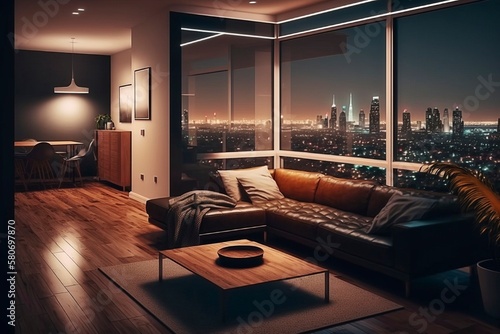 Dark Modern Apartment with City Lights View at Night, AI generated