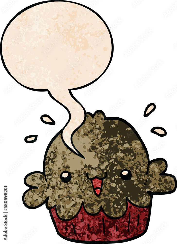 cute cartoon pie and speech bubble in retro texture style