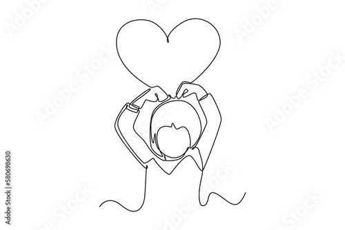 Continuous one line drawing happy girl showing love pose. World health Day concept. Single line draw design vector graphic illustration.