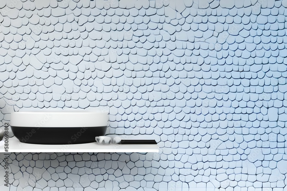 Abstract 3D bathroom or kitchen room tiled wall with realistic white podium or acrylic product shelf. Vector blue tile wall background mockup - generative ai Abstract 3D bathroom or kitchen room tiled wall with realistic white podium or acrylic product shelf. Vector blue tile wall background mockup - generative ai