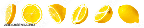 Collection of ripe juicy yellow lemons isolated on white background. Cut out organic lemon. With clipping path. Citrus tropical fruit, food, vitamin C