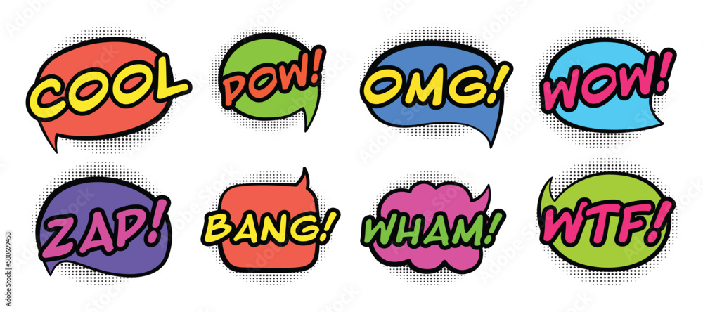 Comic speech bubbles set with different emotions and text Cool, Pow, Omg, Wow, Zap, Bang, Wham, Wtf. Vector illustration. Comic speech bubbles set with different emotions and text Cool, Pow, Omg, Wow, Zap, Bang, Wham, Wtf. Vector illustration.