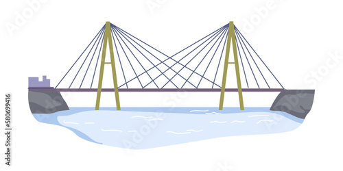 Suspension bridge across river, construction connecting banks or land pieces. Isolated architecture or city infrastructure, overpass. Vector in flat style