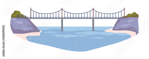 Suspension bridge between river banks connecting lands. Architecture for city or town, passway with road for cars and people to walk. Vector in flat style photo