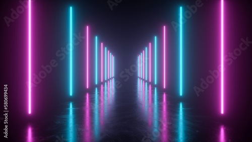 Neon lines forming a tunnel in perspective with reflections - 3D Illustration