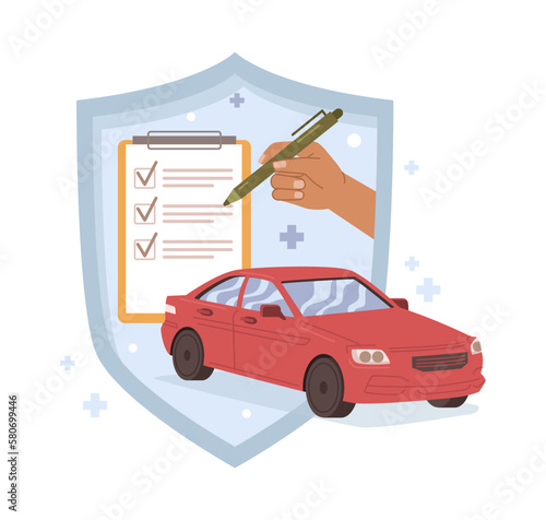 Signing car insurance agreement or deal. Coverage policy and guarantee for vehicle safety. Shield with automobile and checkboxes. Vector in flat style