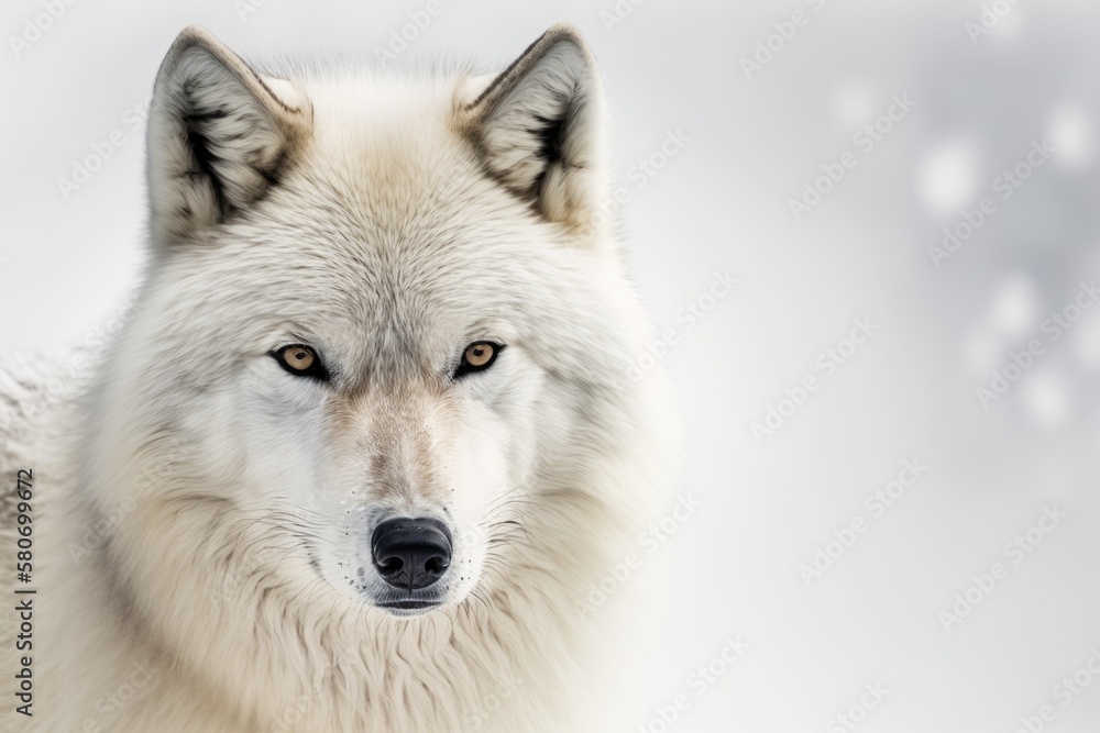 Portrait of an arctic wolf on a white background in Canada's winter snow. Generative AI