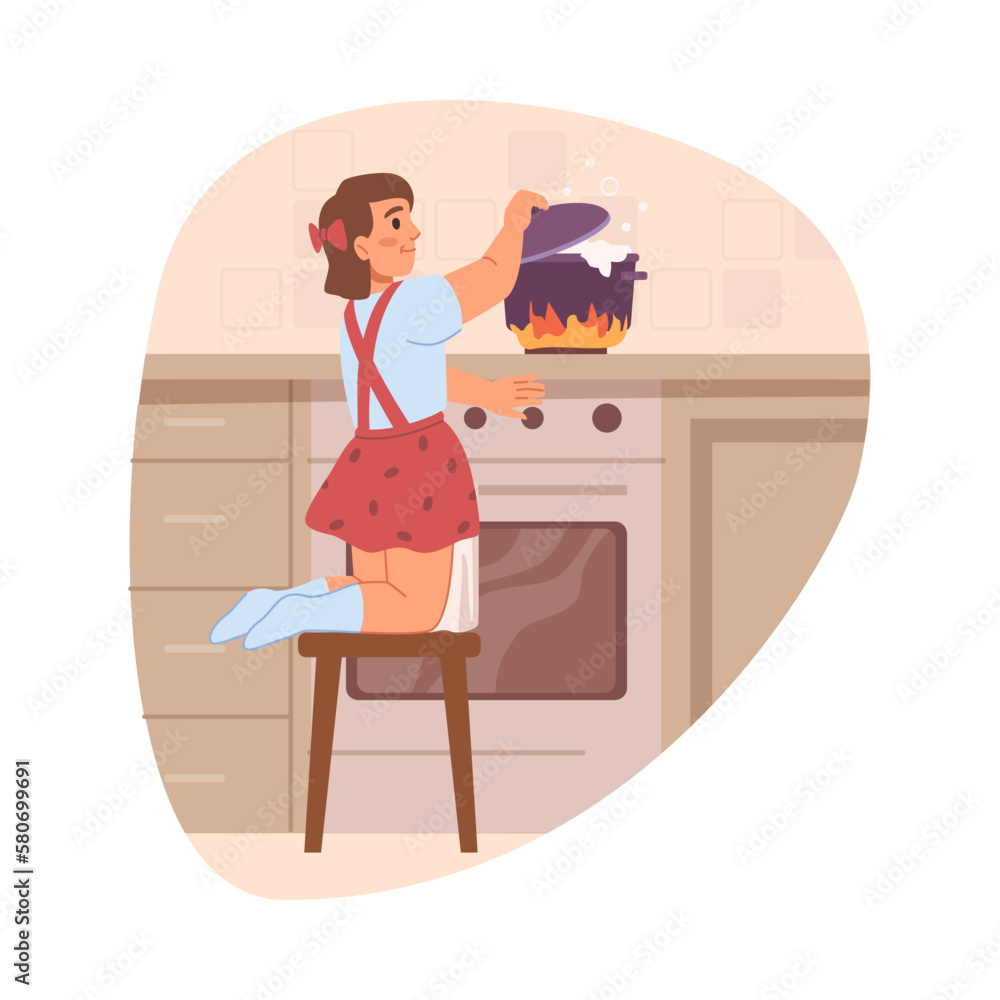 Girl kid by boiling water on stove, risk of burning or causing fire