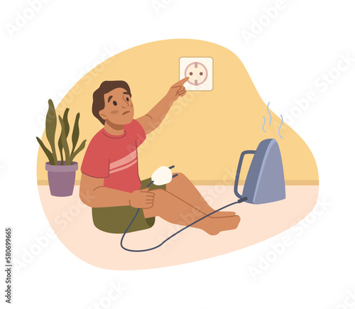 Child using electric appliances at home, putting fingers into socket. Kid danger at home and risk to life. Unwatched by parents. Flat cartoon, vector illustration