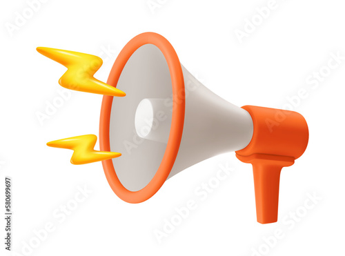 Megaphone announcement, speaker with breaking news or promotion. Advertisement or presentation, promotion in shop or store. 3d style vector illustration
