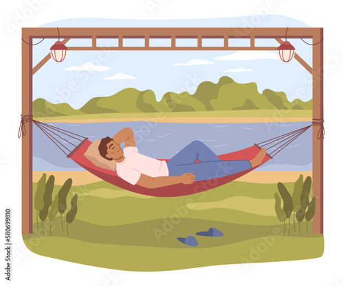 Male personage lying in hammock by river or lake. Enjoying nature on weekend, resting or taking nap. Man outdoors. Flat cartoon character, vector illustration