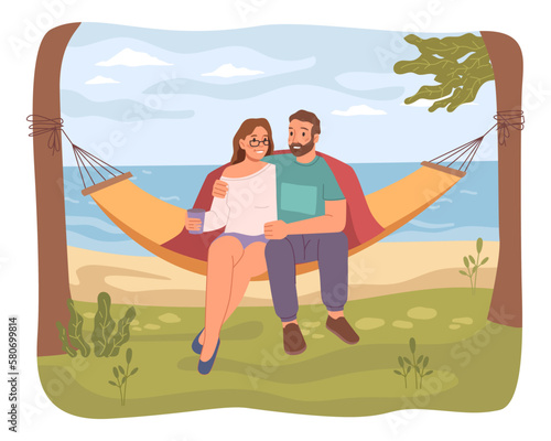 Pair of man and woman sitting on hammock with seaside landscape. Couple on vacation or weekends, resting together. Flat cartoon character, vector illustration