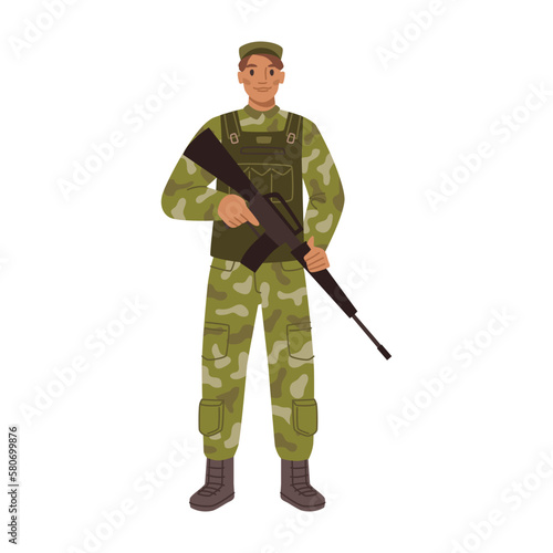 Combatant or soldier in life vest, holding rifle or weapon for fight. Isolated infantry army forces, military man at service. Flat cartoon, vector illustration