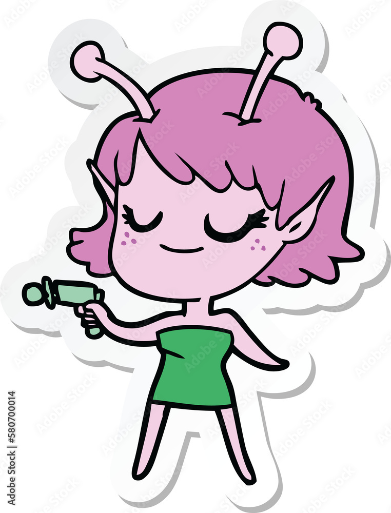 sticker of a smiling alien girl cartoon pointing ray gun sticker of a smiling alien girl cartoon pointing ray gun