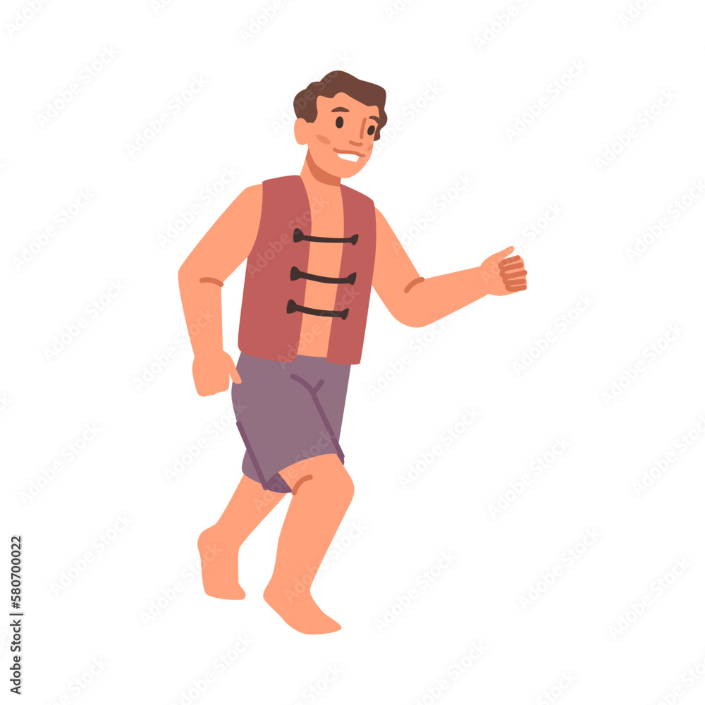 Boy child wearing saving inflatable jacket and swimming shorts running and smiling. Isolated kid resting by seaside or pool. Cartoon character, vector in flat style Boy child wearing saving inflatable jacket and swimming shorts running and smiling. Isolated kid resting by seaside or pool. Cartoon character, vector in flat style