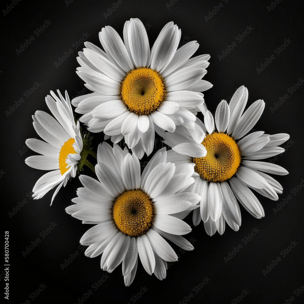 Obraz premium Four white and yellow flowers on a dark background - isolated