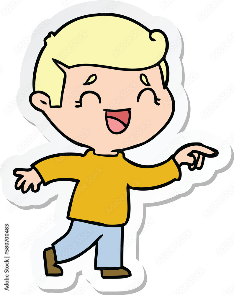 sticker of a cartoon laughing man pointing sticker of a cartoon laughing man pointing