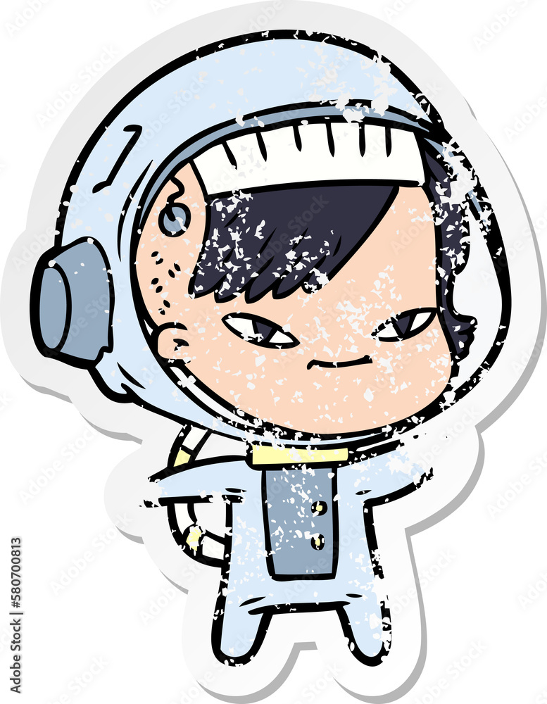 distressed sticker of a cartoon astronaut woman distressed sticker of a cartoon astronaut woman