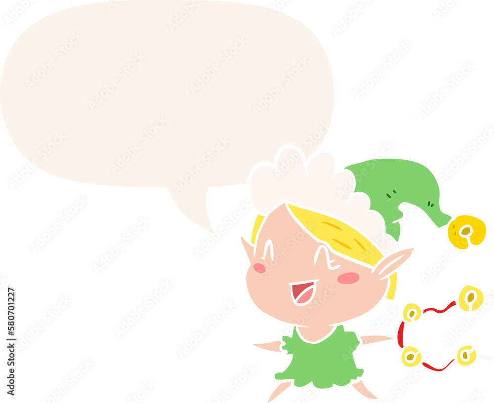 cartoon happy christmas elf and speech bubble in retro style cartoon happy christmas elf and speech bubble in retro style