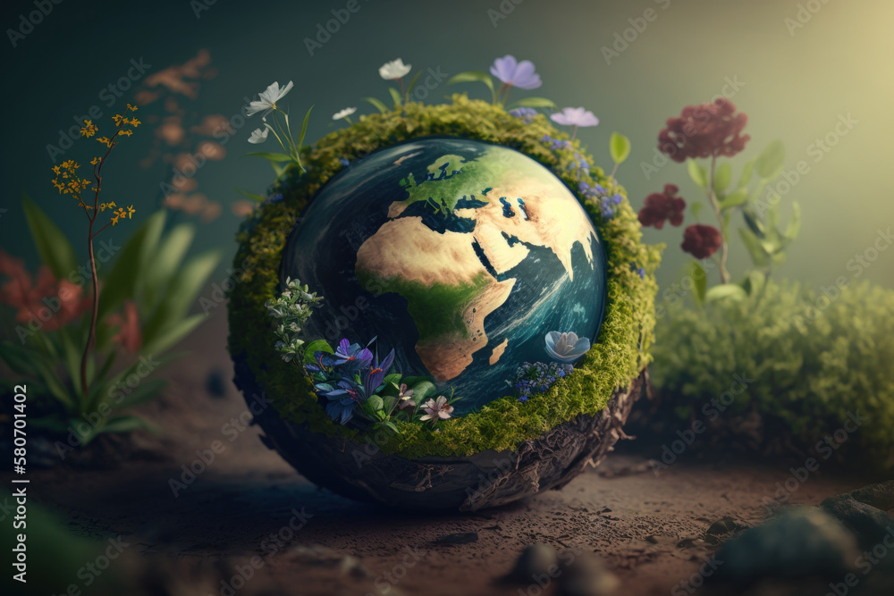 Naklejka premium Earth day concept. World with nature abstract background. Generative ai