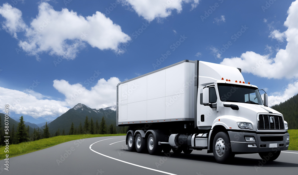 A white truck is driving on the road. Clean and empty space in the side view. Beautiful summer landscape as background, blue sky with clouds, forest and hill. Generative AI.