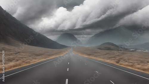 An empty road, a dark dramatic landscape as a background, a gloomy sky with rainy clouds, hills and a city in the distance. Generative AI. © soleg