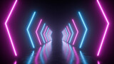 Neon lines in the form of arrows forming a tunnel in perspective with reflections - 3D Illustration