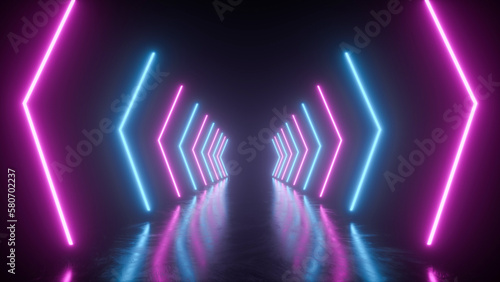 Neon lines in the form of arrows forming a tunnel in perspective with reflections - 3D Illustration