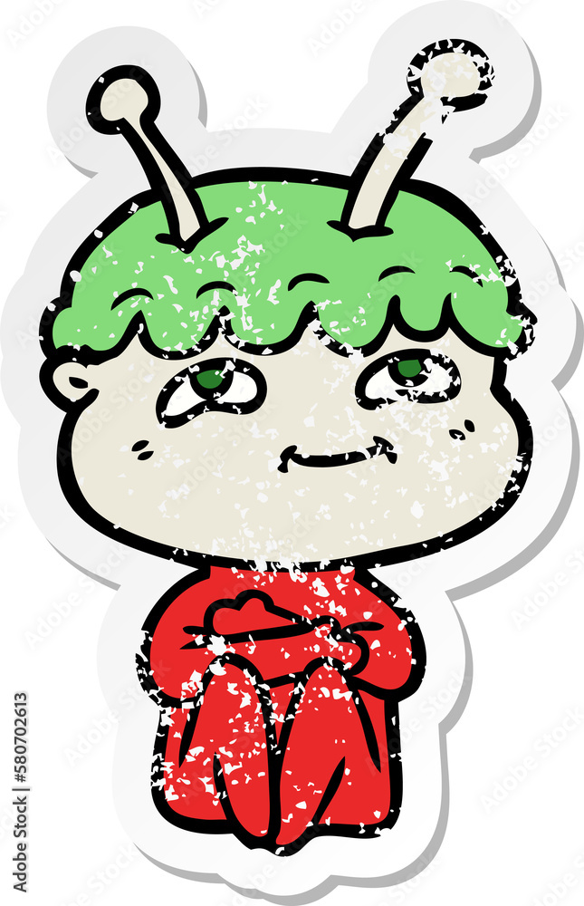 Naklejka premium distressed sticker of a friendly cartoon spaceman
