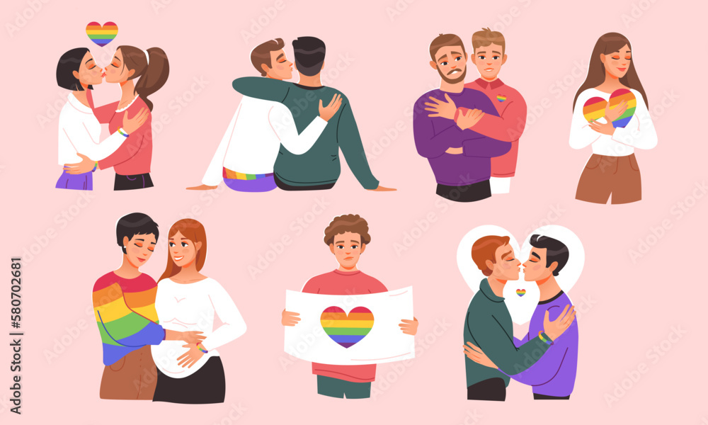 LGBT couples kissing, hugging, expecting a baby. Same-sex couples. LGBT pride month. Homosexual community, LGBTQ group of women lesbians and men gays in romantic sexual relationships. LGBT couples kissing, hugging, expecting a baby. Same-sex couples. LGBT pride month. Homosexual community, LGBTQ group of women lesbians and men gays in romantic sexual relationships.