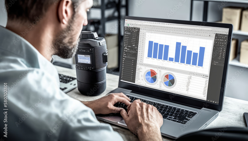 In a contemporary office, an accountant uses spreadsheet software to create financial reports and charts. Analysis of data, bookkeeping, and auditing - Generative AI In a contemporary office, an accountant uses spreadsheet software to create financial reports and charts. Analysis of data, bookkeeping, and auditing - Generative AI