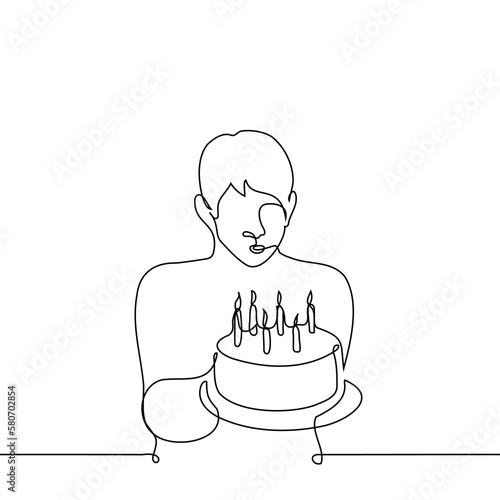 blows out the candles on a cake he holds himself - one line drawing vector. concept birthday boy alone