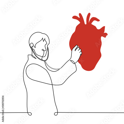 man in doctor's coat listens with a stethoscope to a huge red human heart in flat style - one line drawing vector. concept doctor cardiologist