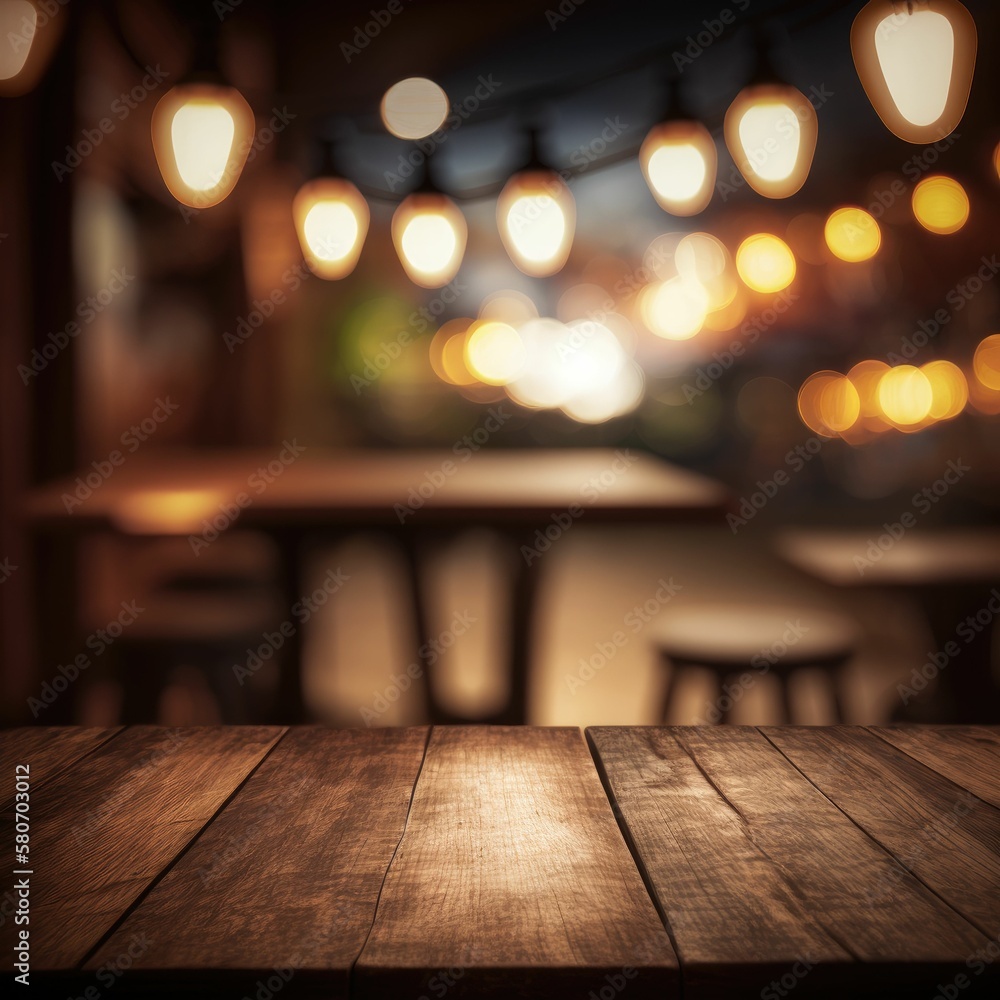 Empty wooden table and blurred bar lights background for showcasing the product. Generative AI. Empty wooden table and blurred bar lights background for showcasing the product. Generative AI.