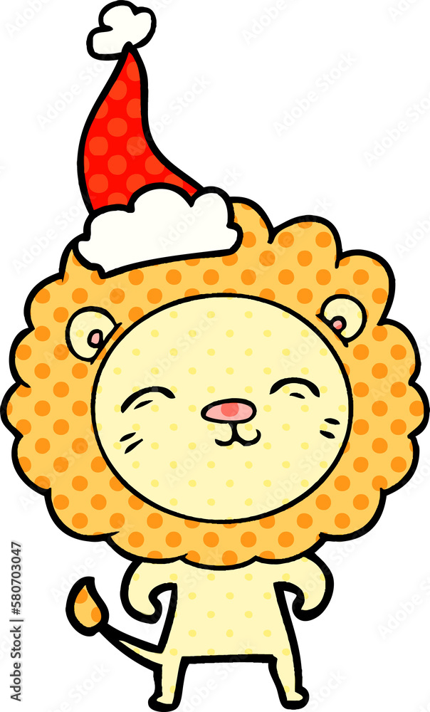 Fototapeta premium comic book style illustration of a lion wearing santa hat