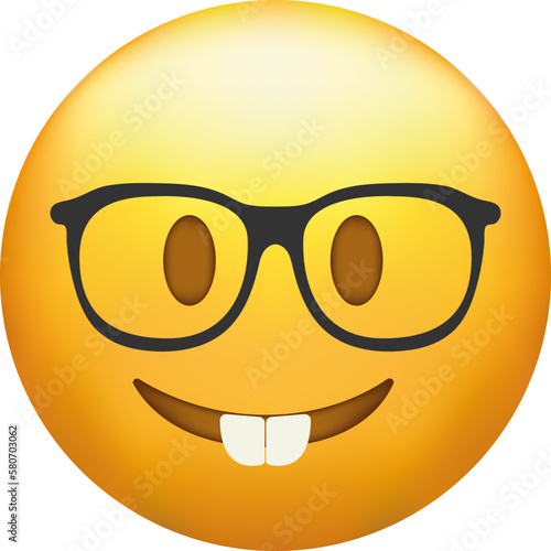Nerd emoji. Emoticon with transparent glasses, funny yellow face with black-rimmed eyeglasses.