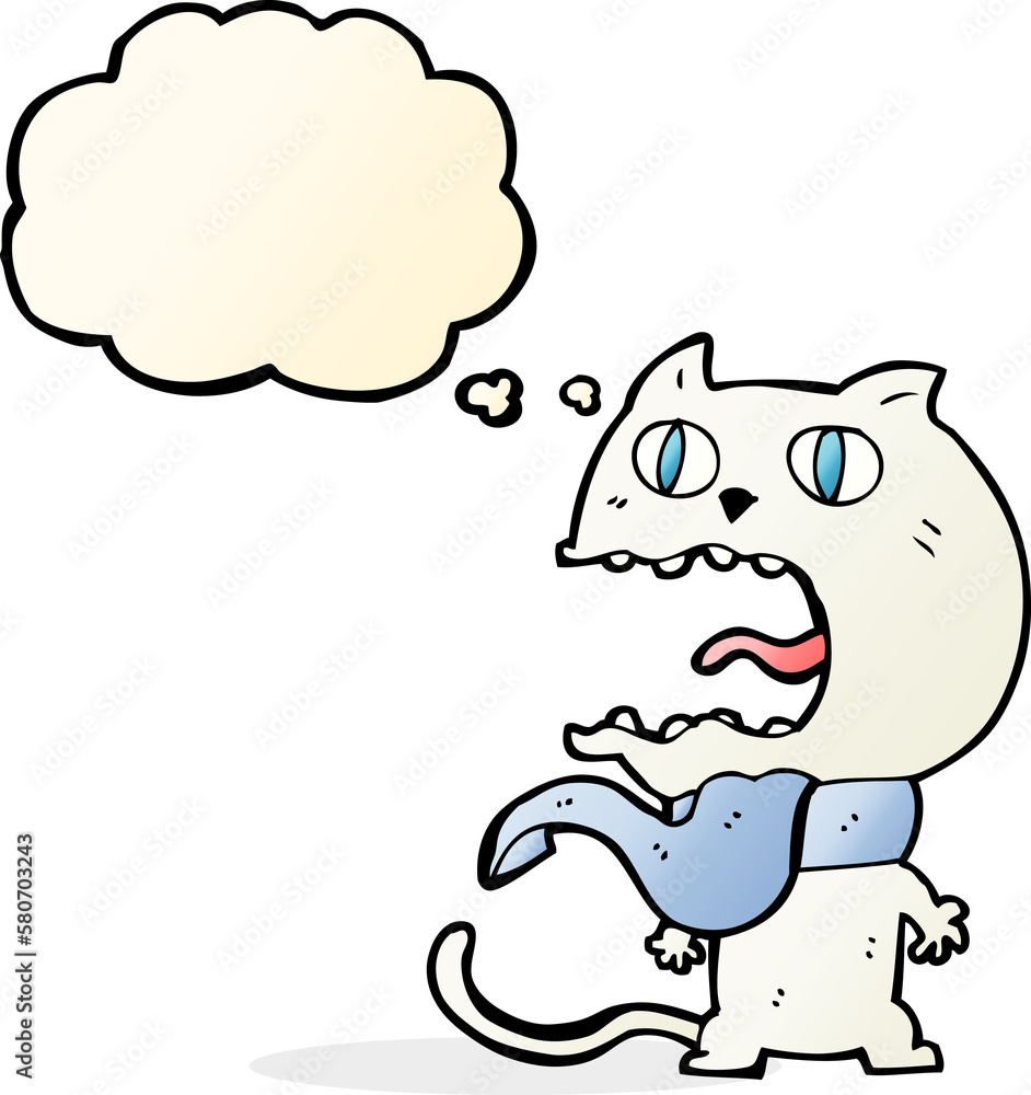 cartoon frightened cat with thought bubble