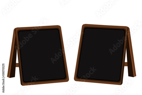 Blank sandwich board, stand, chalkboard for special menu announcement or education. Clean blackboard near pub, cafe, restaurant outdoor or school. Easel for menu on street. 