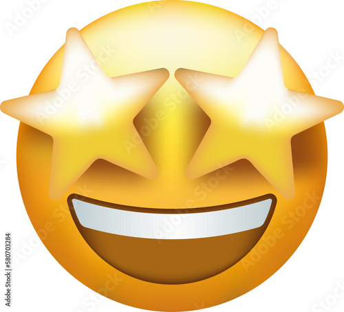 Starry eyed emoji. Golden stars for eyes excited emoticon with open smile.