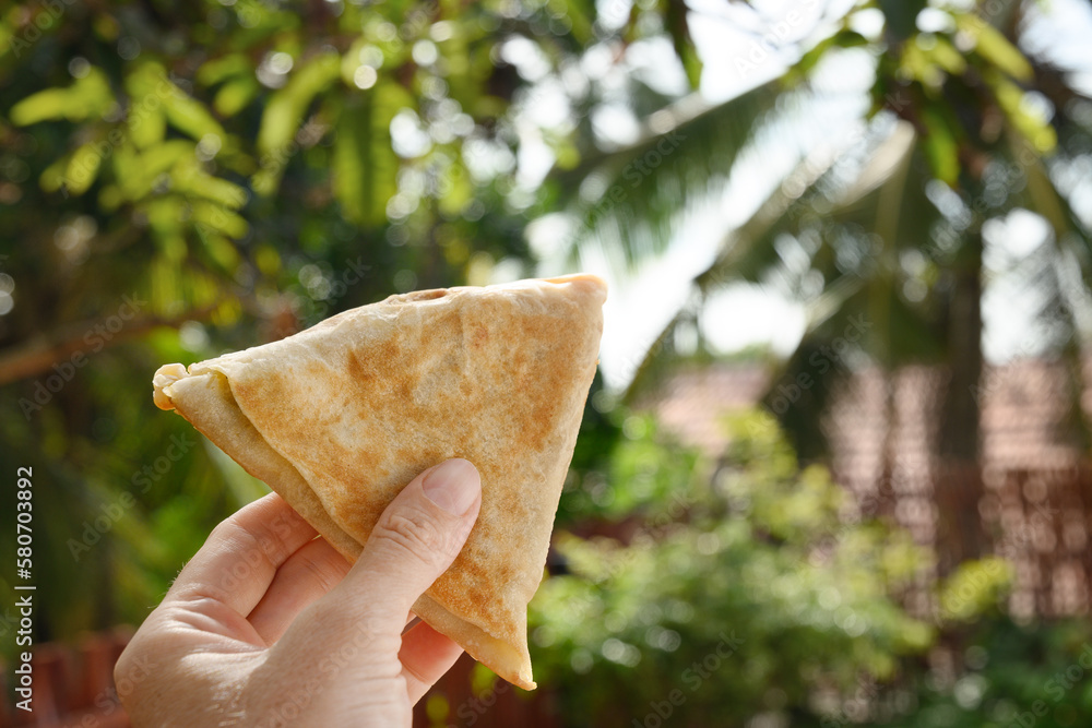 Authentic Sri Lankan Vegetable roti in hand against backdrop of