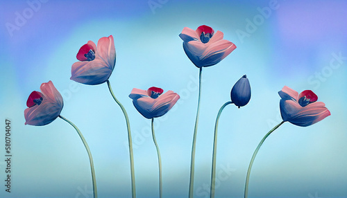 Spring tulips flowers art illustration, in minimalistic style. Pastel blue color tones 